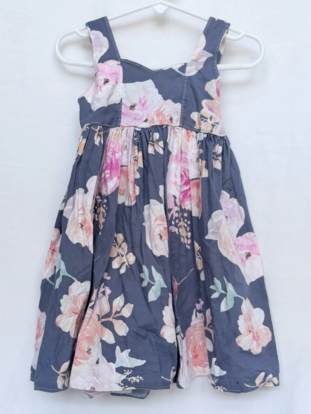 Navy Floral Cotton Sundress for Girls with Pink and Cream Blooms